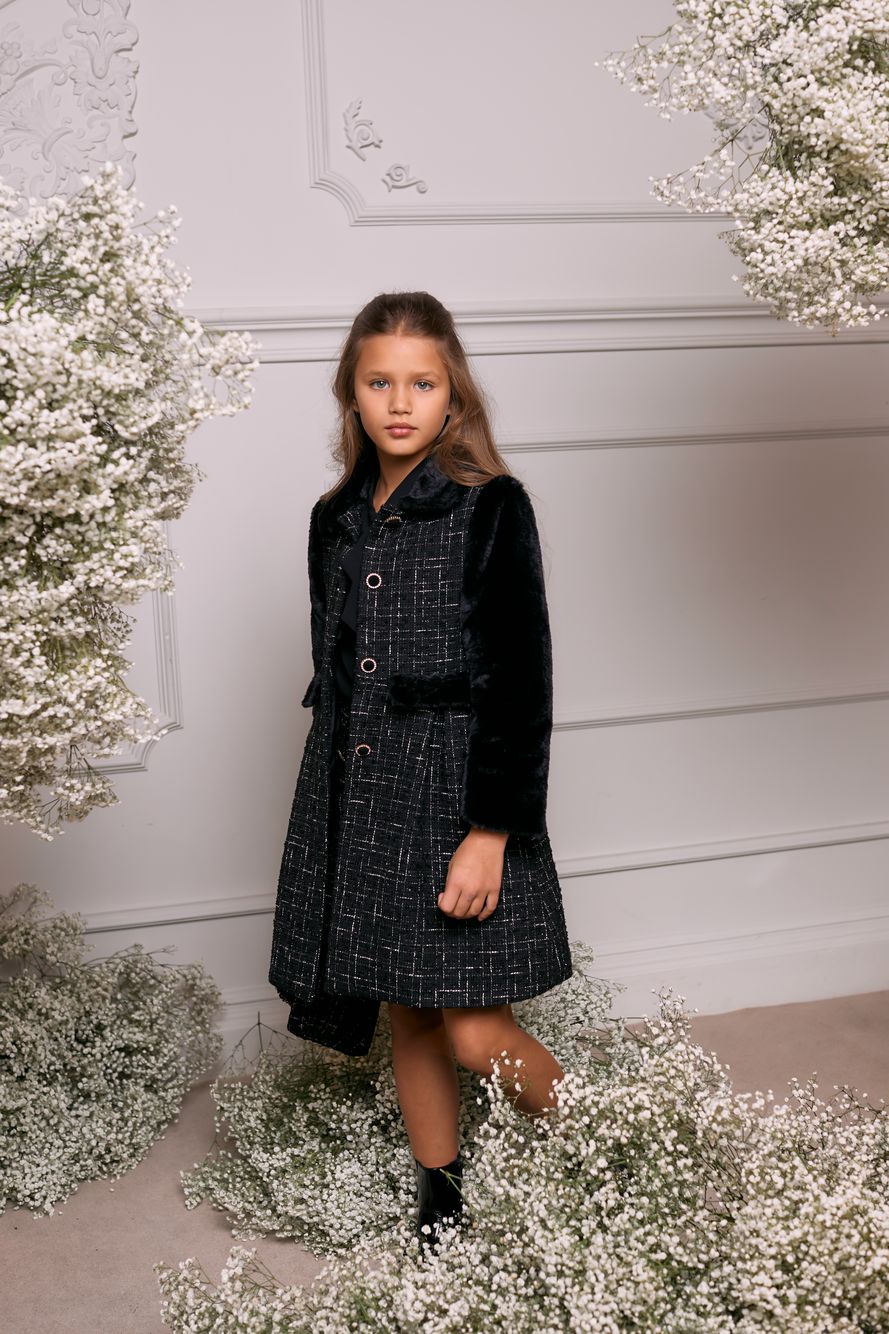 Black tweed and fur coat