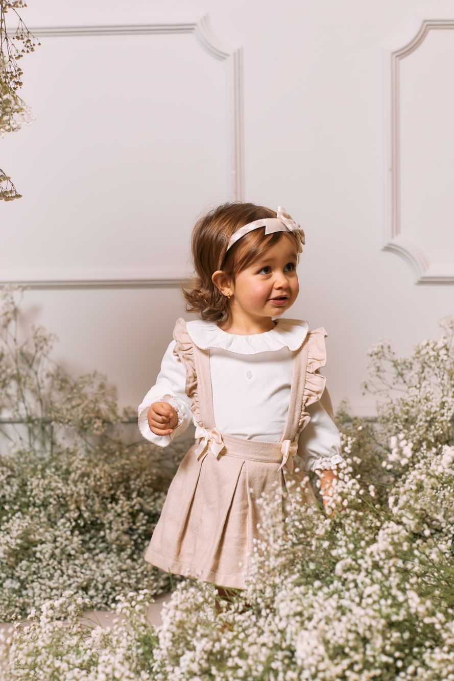 White blouse and beige skirt set