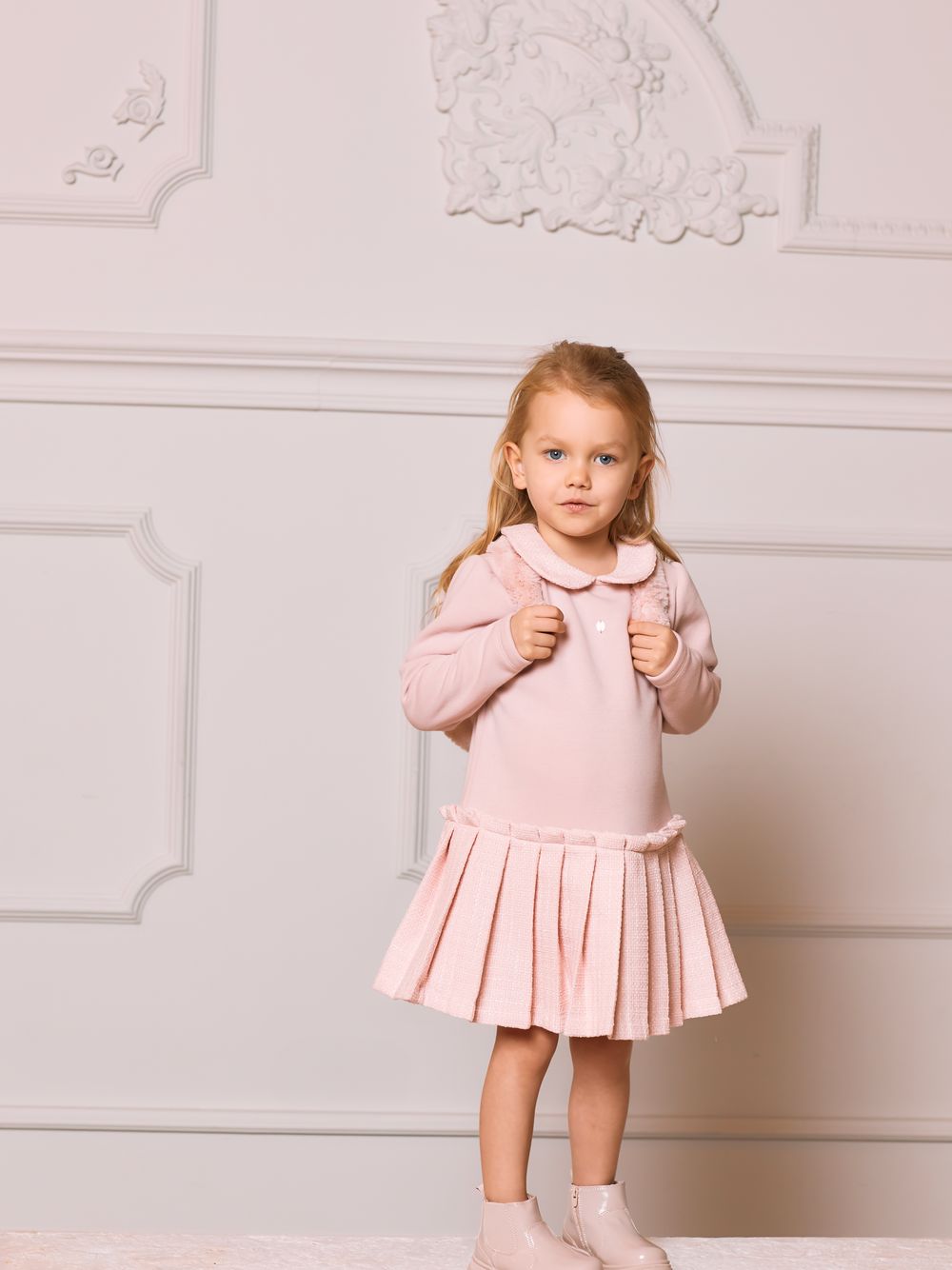 Pale pink cotton fleece and tweed dress