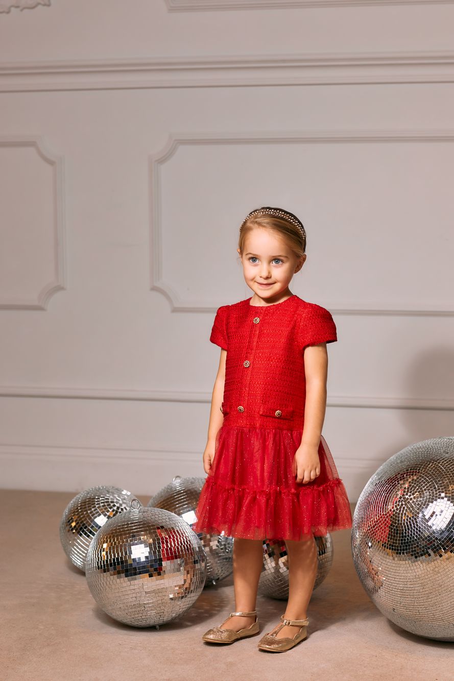 Red tweed and tulle dress