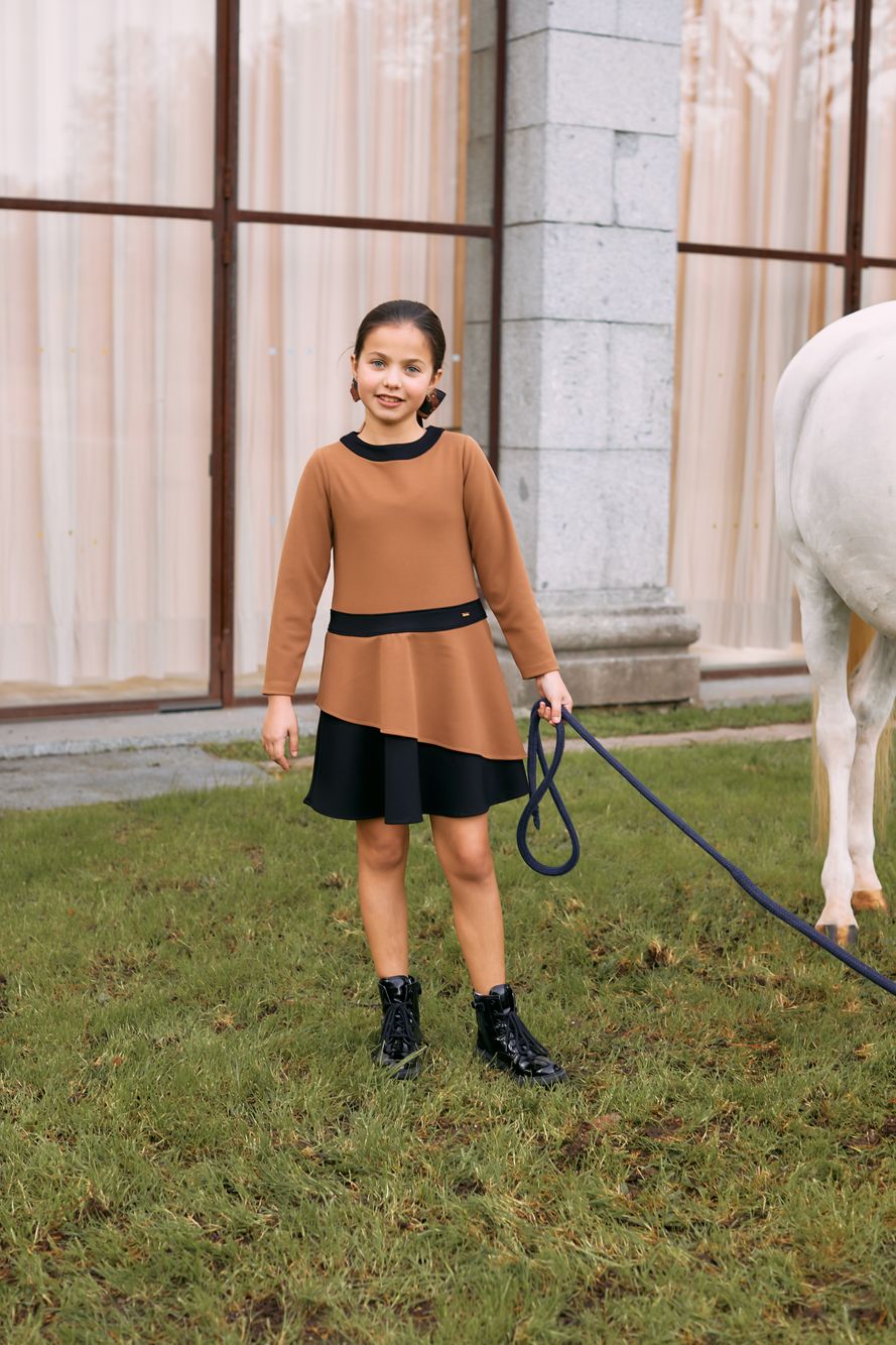Camel and black crepe dress