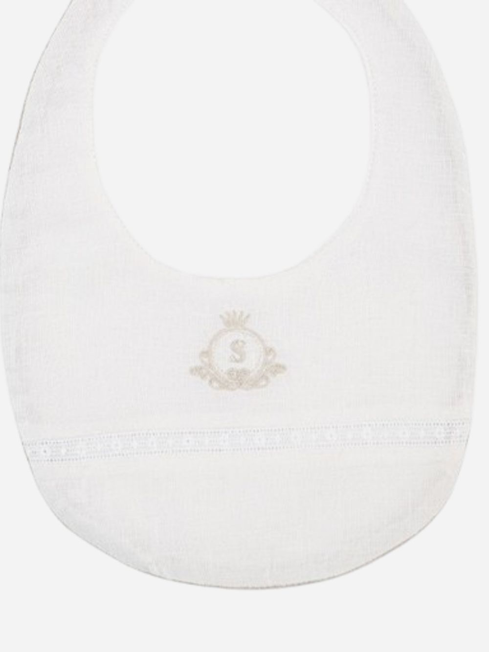 Linen bib white with lace and personalised embroidery