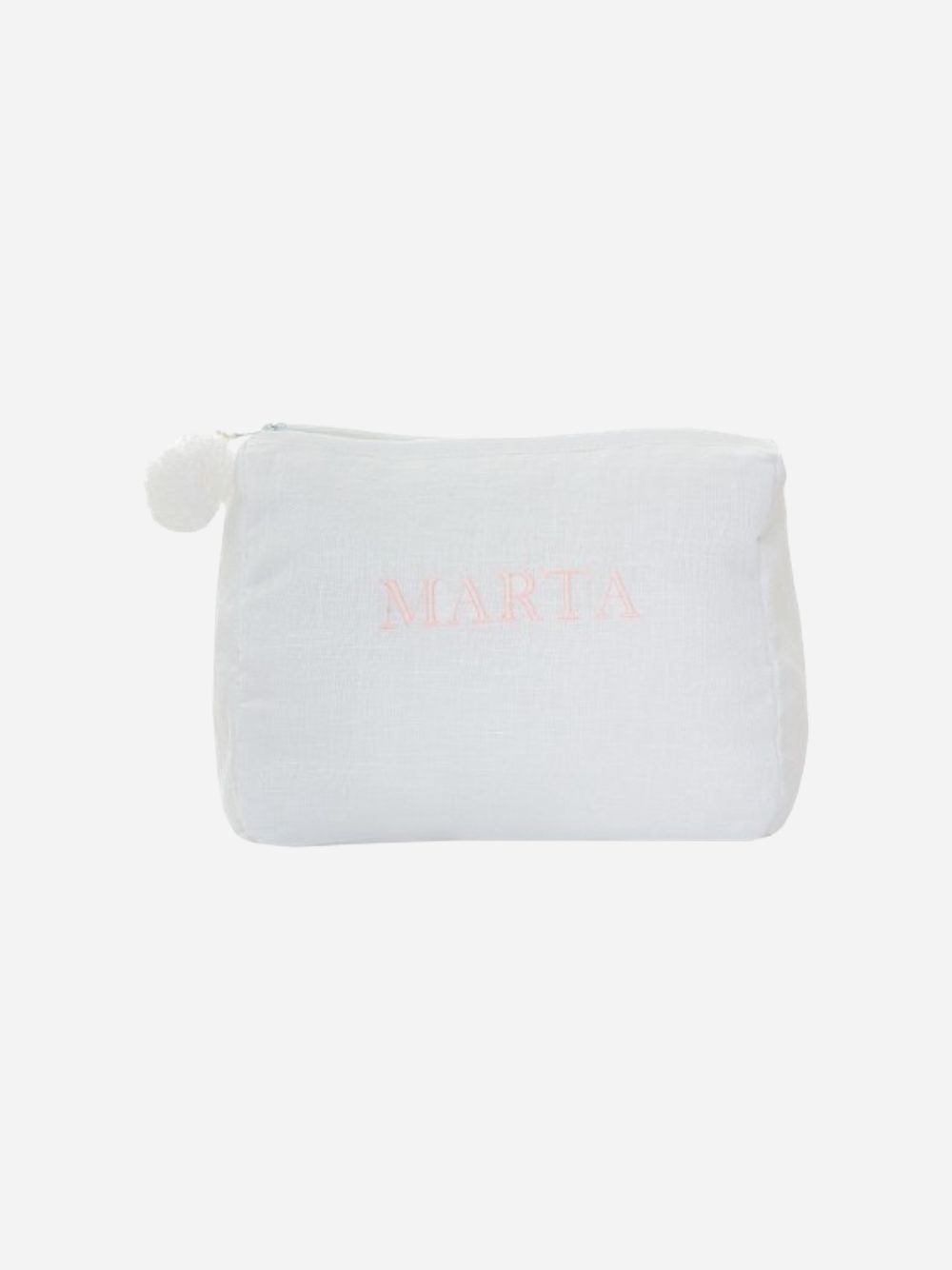 Linen bag white with pompon and personalised embroidery