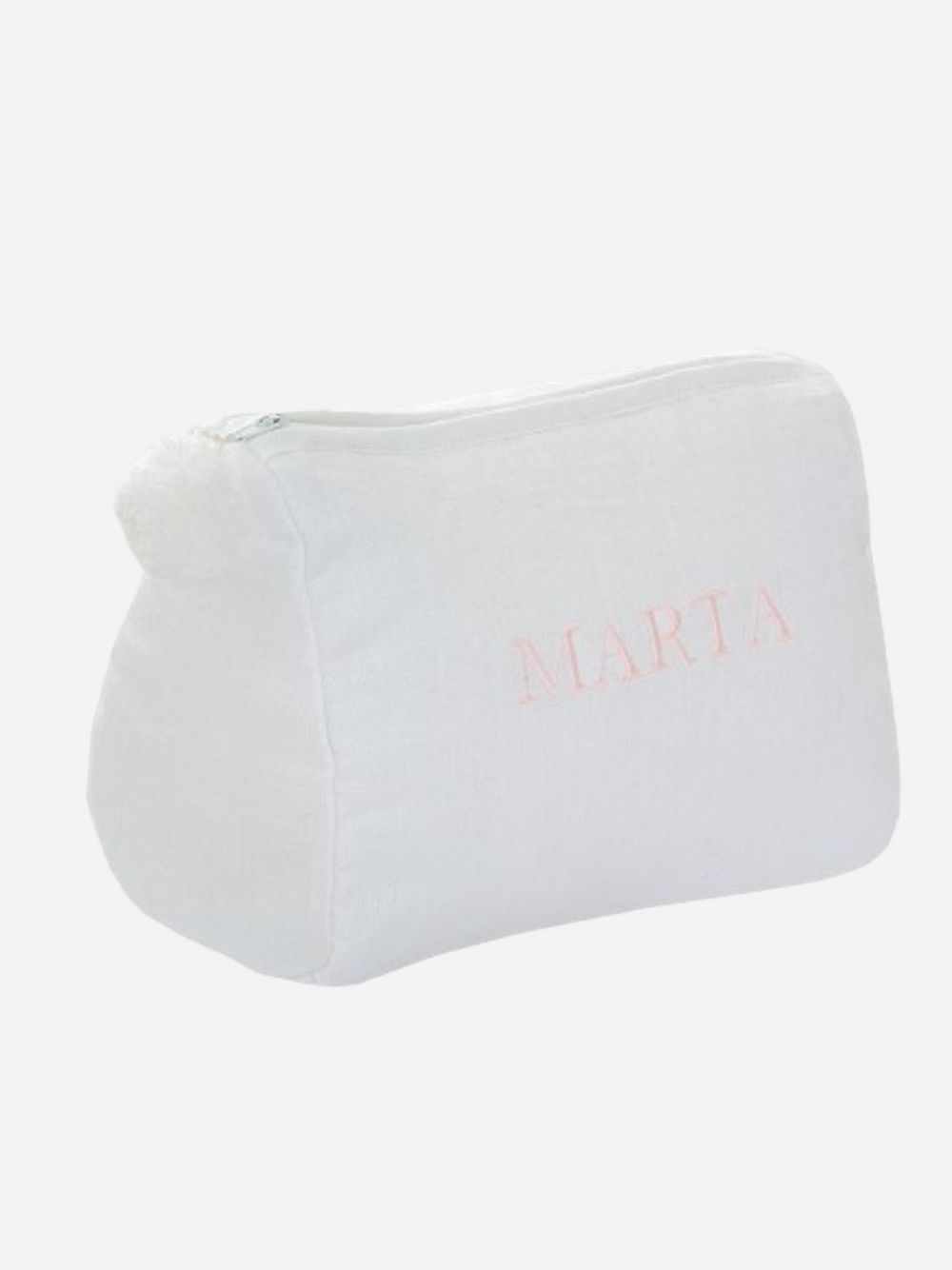 Linen bag white with pompon and personalised embroidery