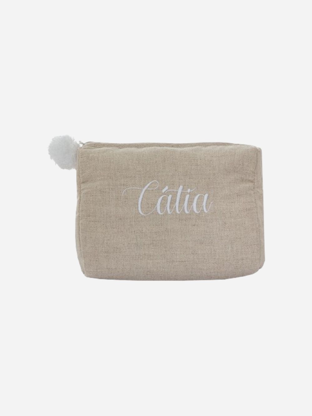 Linen bag beige with pompon and personalised embroidery