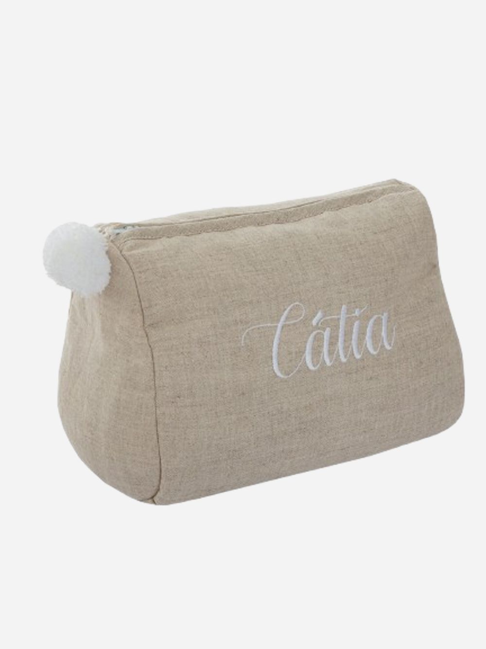 Linen bag beige with pompon and personalised embroidery