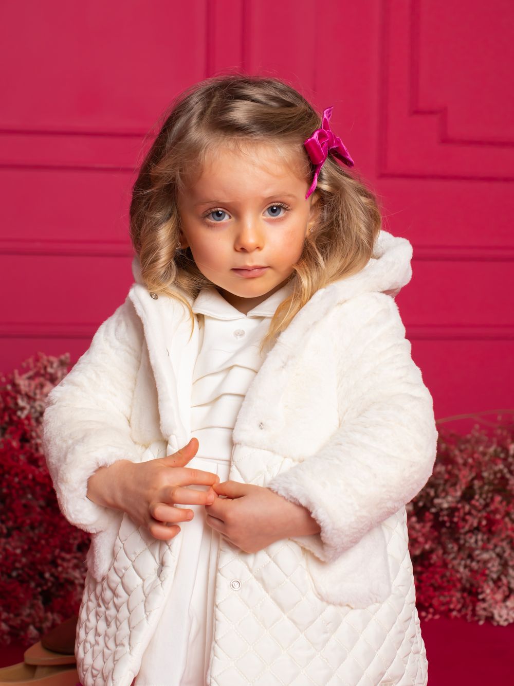 Ecru fur and quilted raincoat
