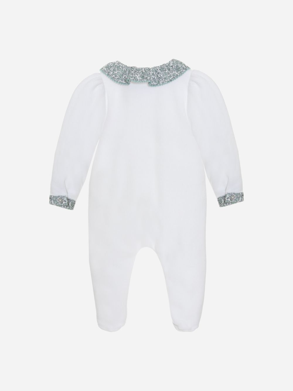 White babygrow with Liberty print frill