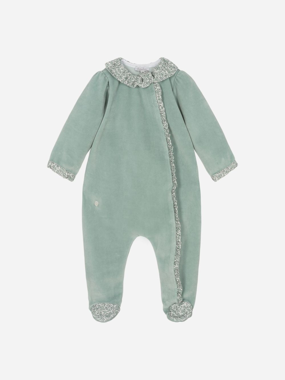 Green babygrow with Liberty print frill
