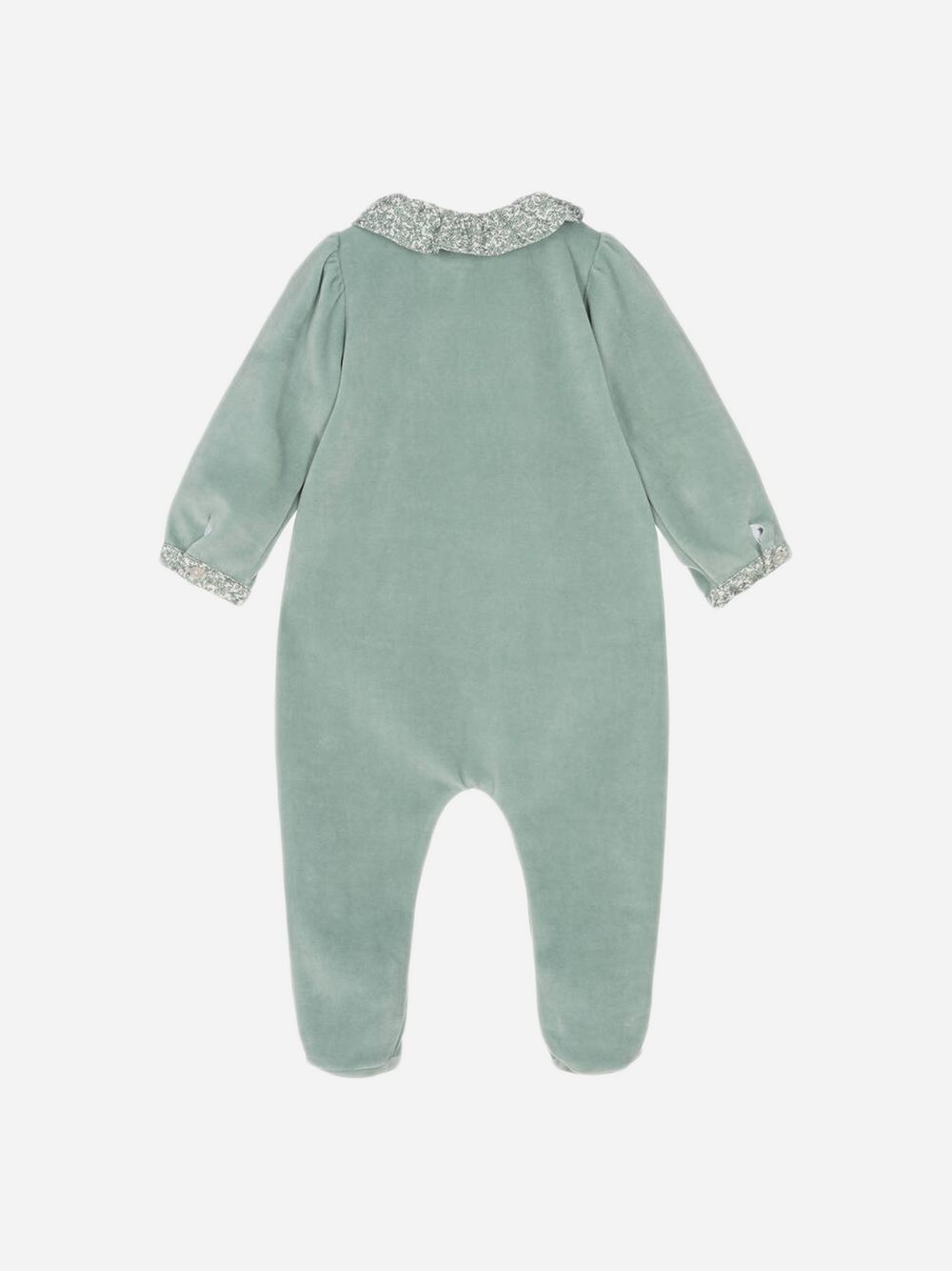 Green babygrow with Liberty print frill