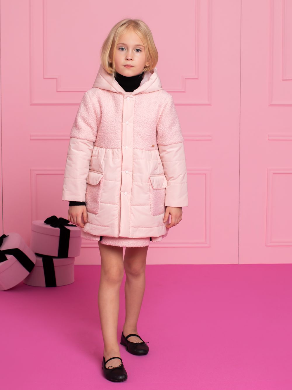 Pink microfibre and bouclé raincoat