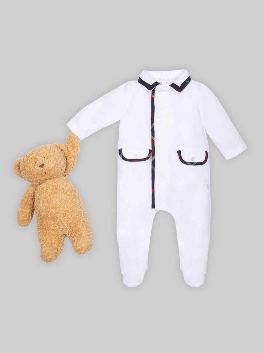 White babygrow with tartan trims