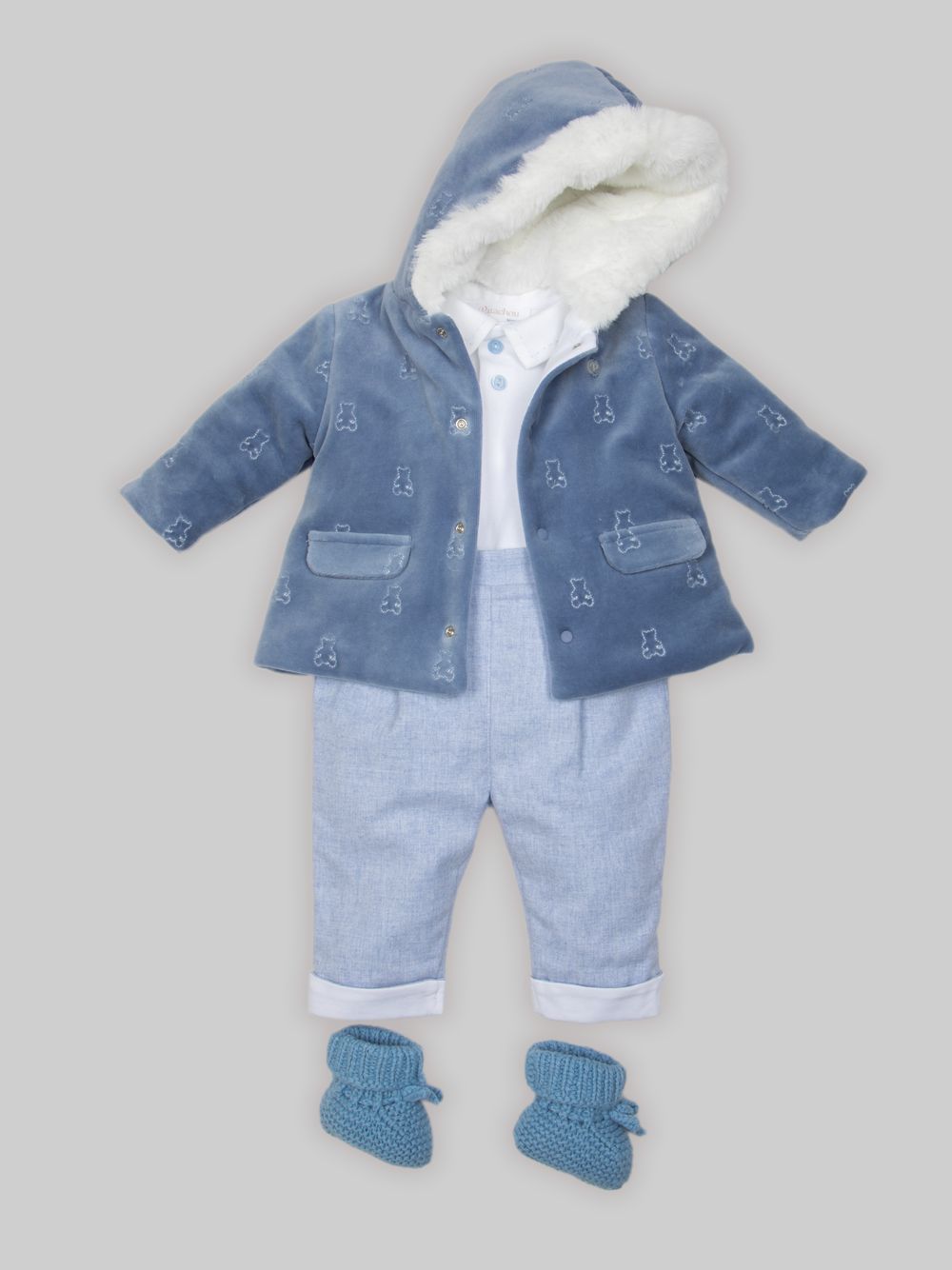 Indigo Blue velour bear coat with sherpa hood