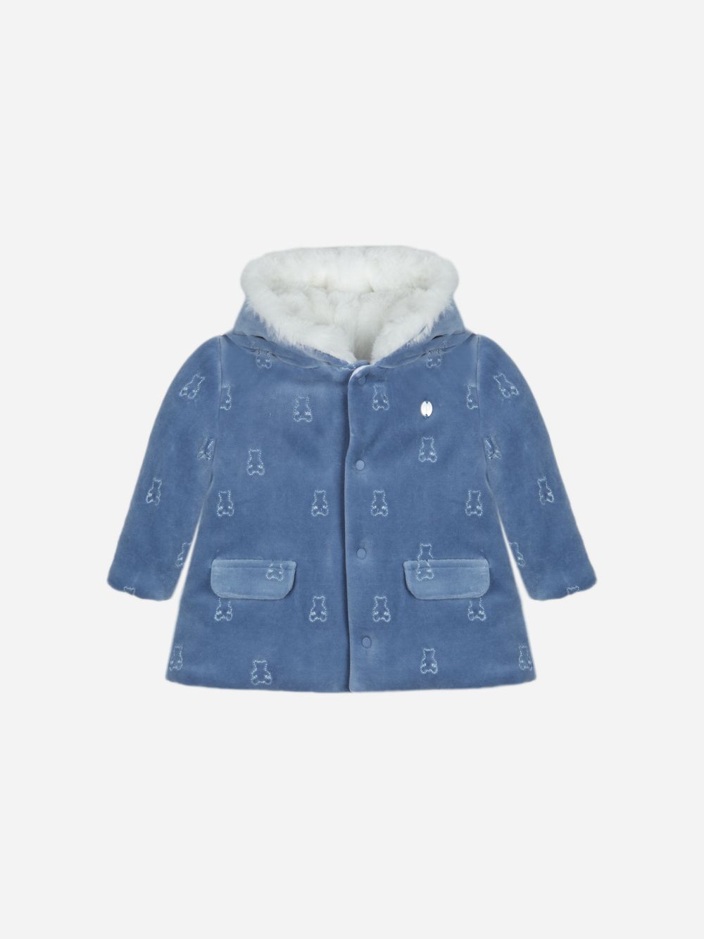 Indigo Blue velour bear coat with sherpa hood