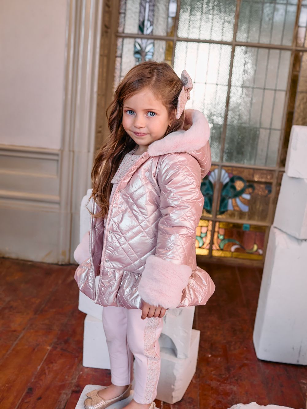 Pale pink metallic quilted coat