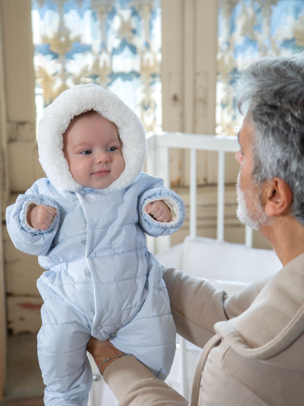 Light Blue microfiber snowsuit with fur hood