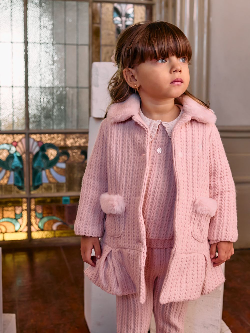 Pale pink textured knit coat
