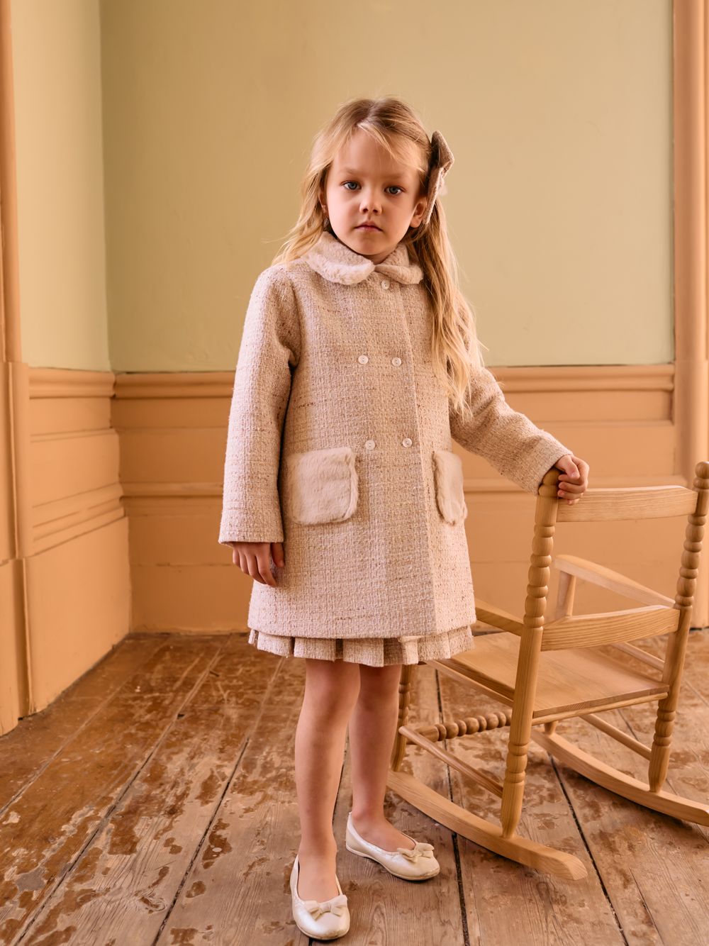 Beige tweed and fur coat