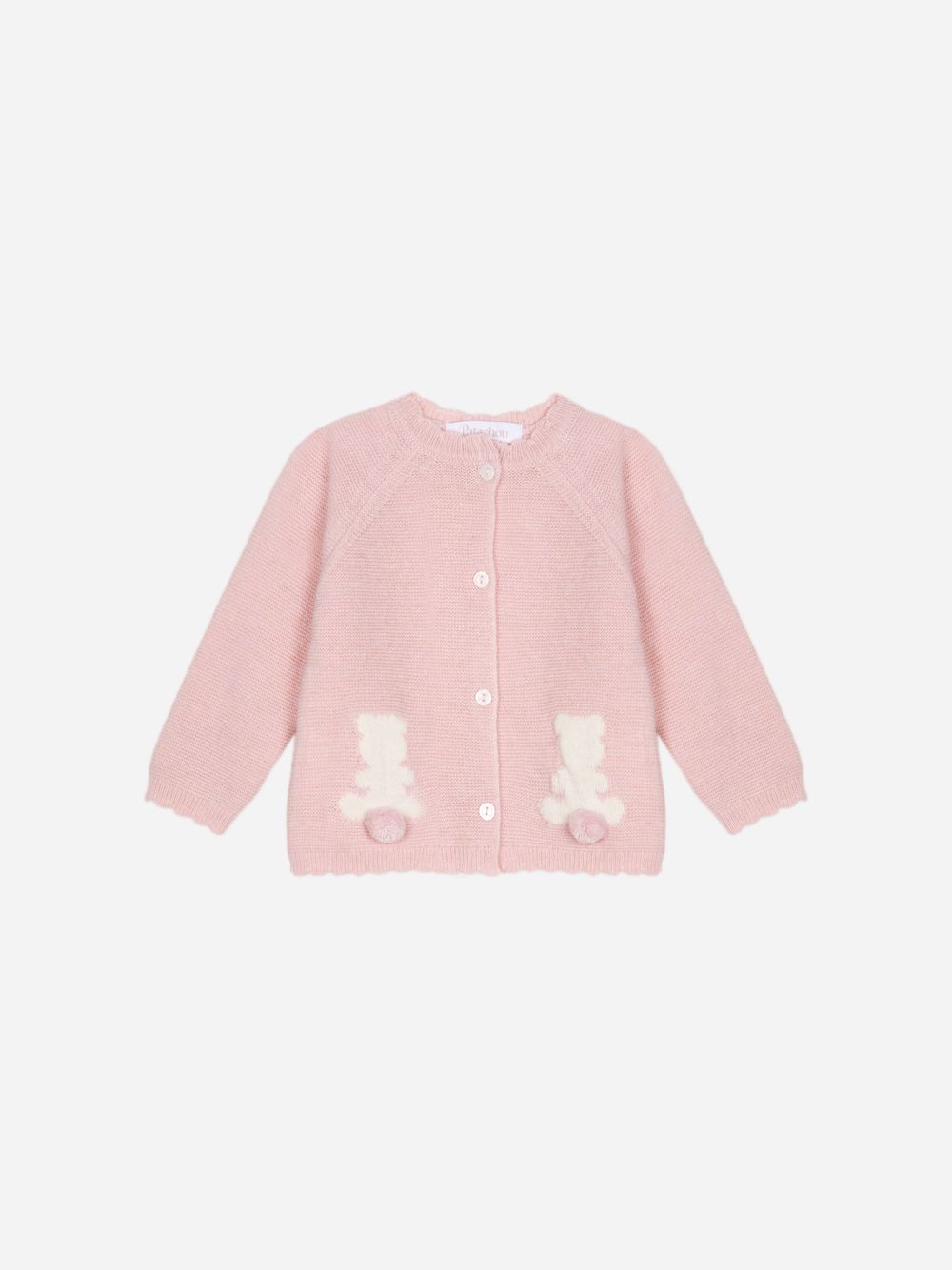 Pink knit cardigan with bear embroideries