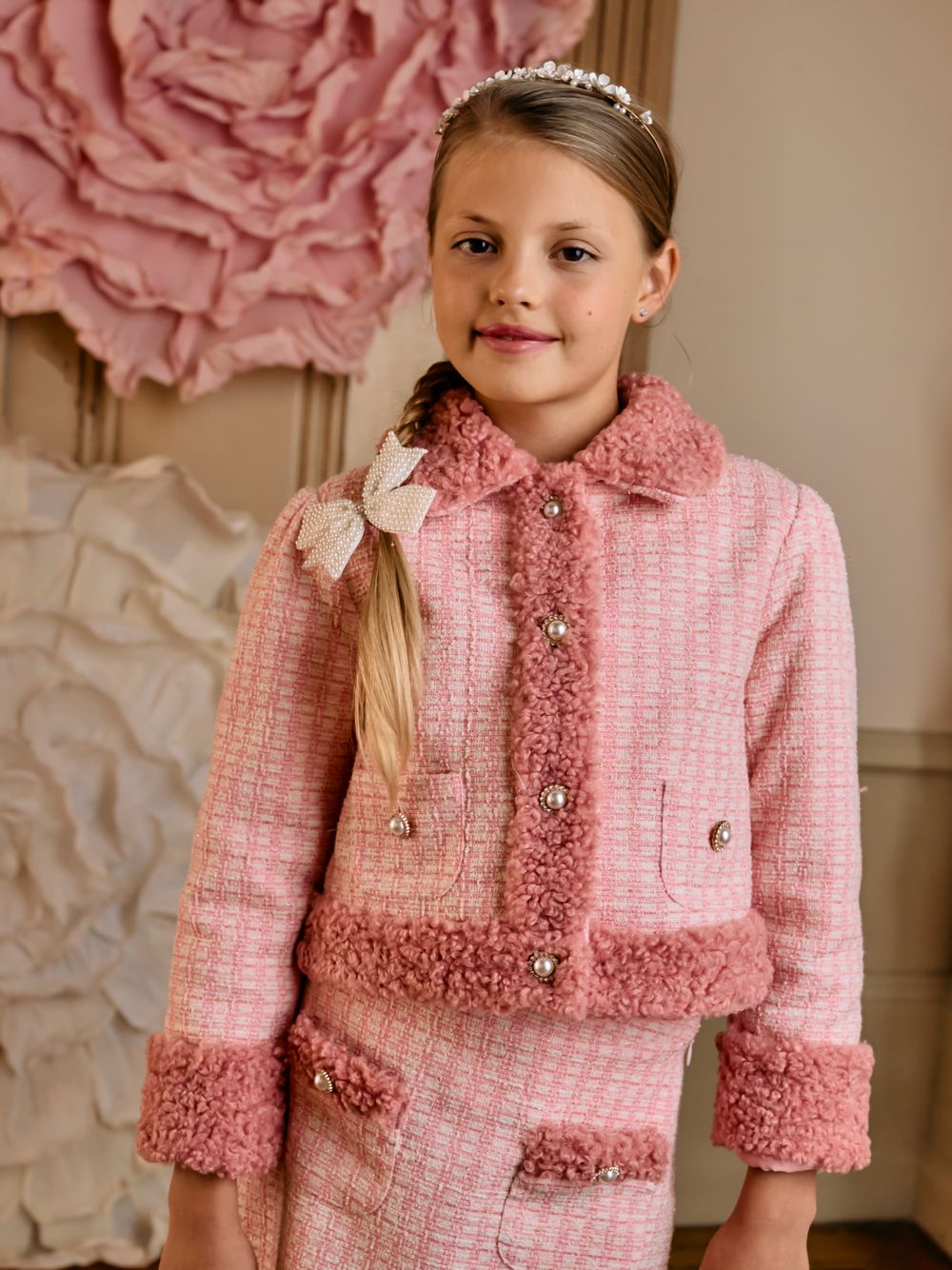 Pink tweed and fur jacket