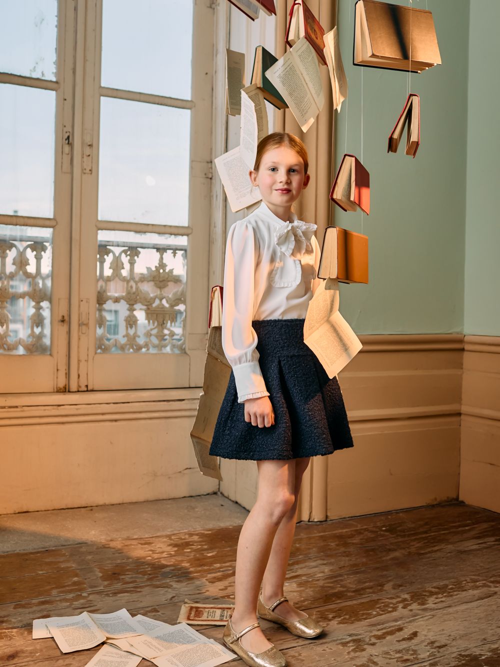 Ecru bow tie blouse with ruffles for girls