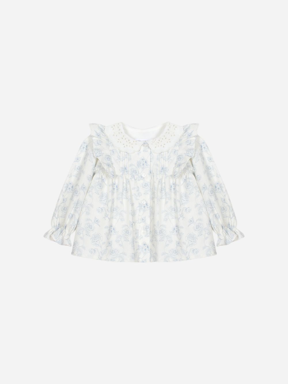 Blue floral print blouse with embroidered collar for girls