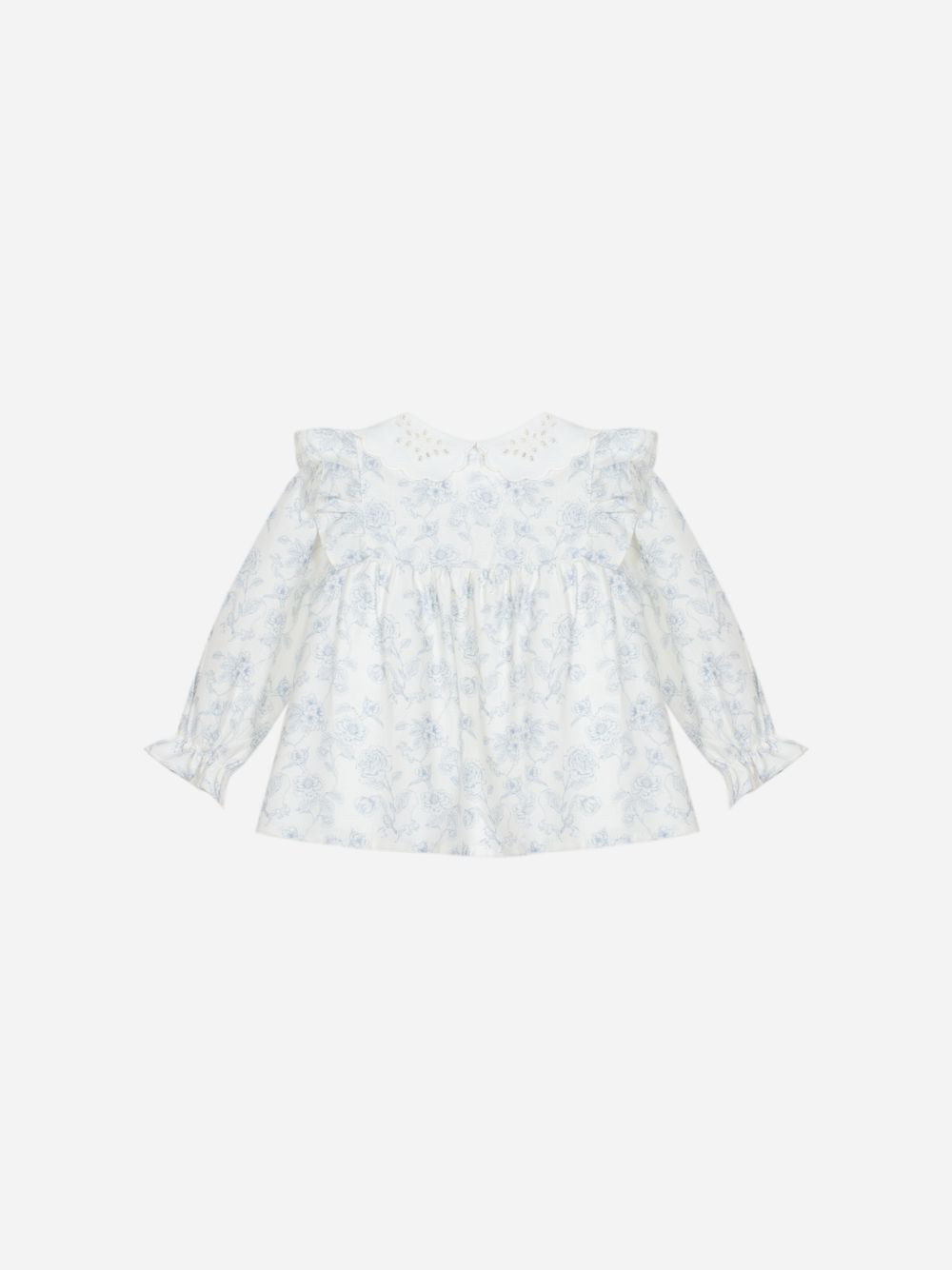 Blue floral print blouse with embroidered collar for girls