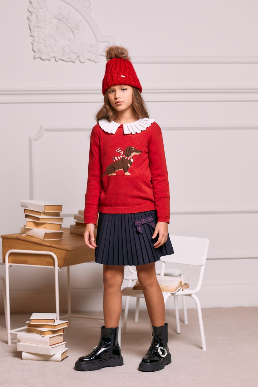 Red sweater with dachshund design