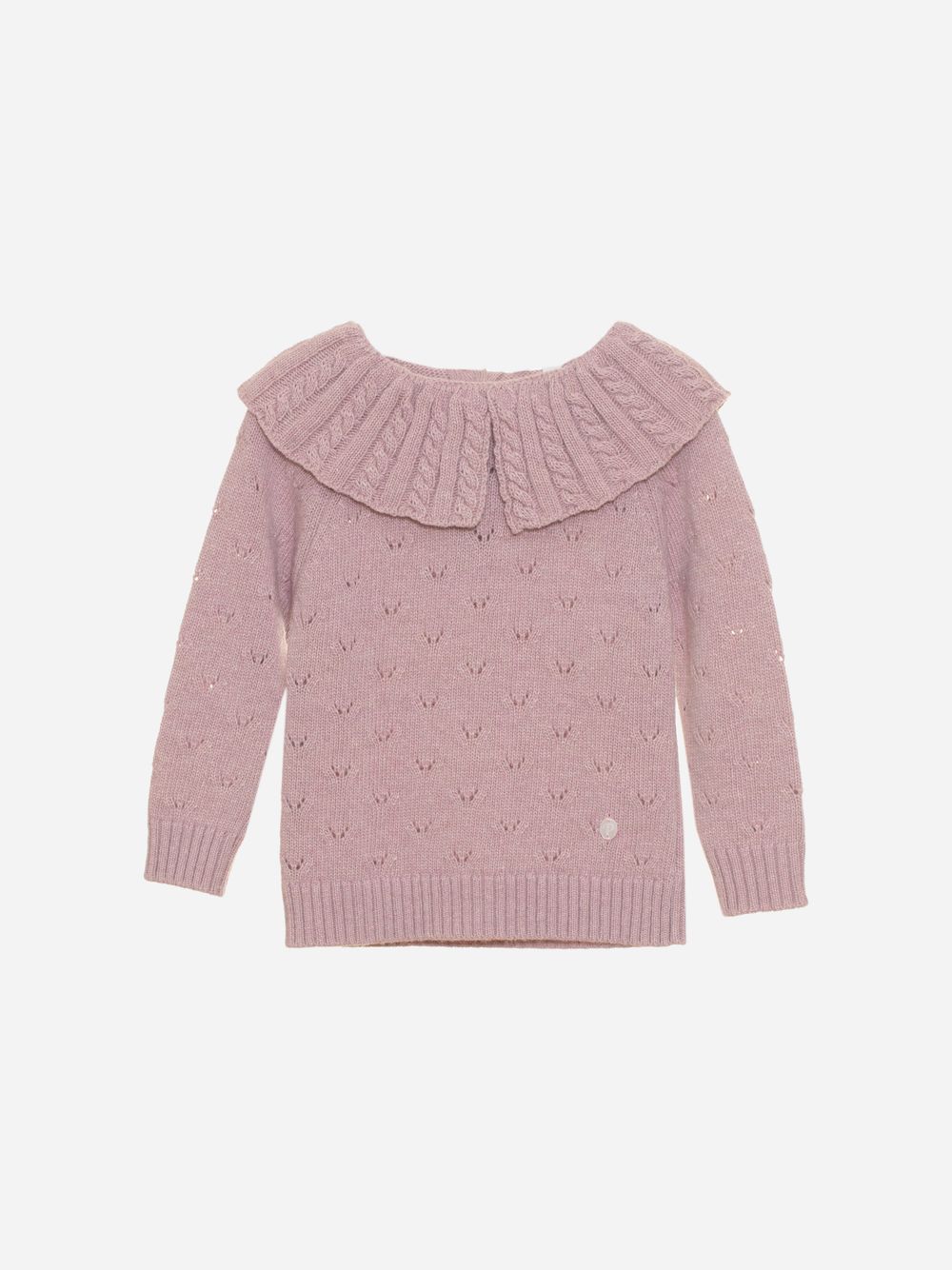 lilac sweater with cable stitch collar