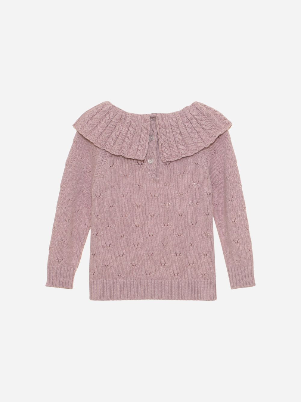  lilac sweater with cable stitch collar