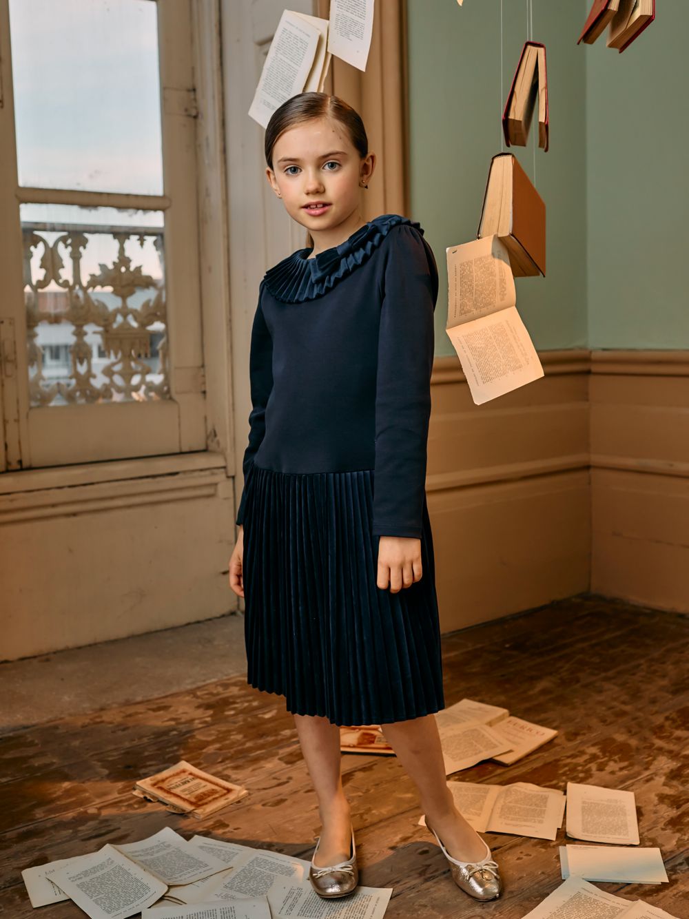 Navy Blue interlock and velvet dress