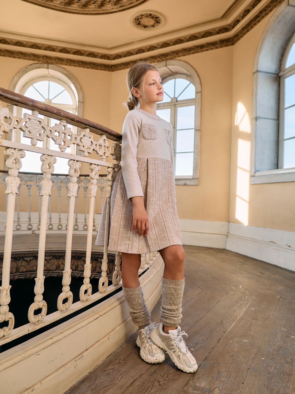 Beige knit and tweed dress
