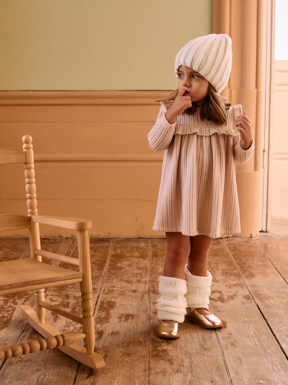 Braided knit ruffle collar dress