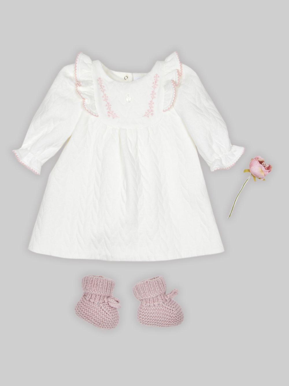 White knit dress with frills and embroidery