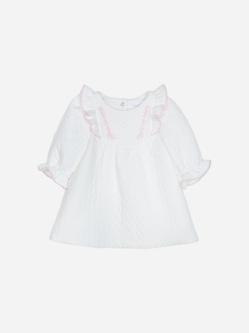 White knit dress with frills and embroidery
