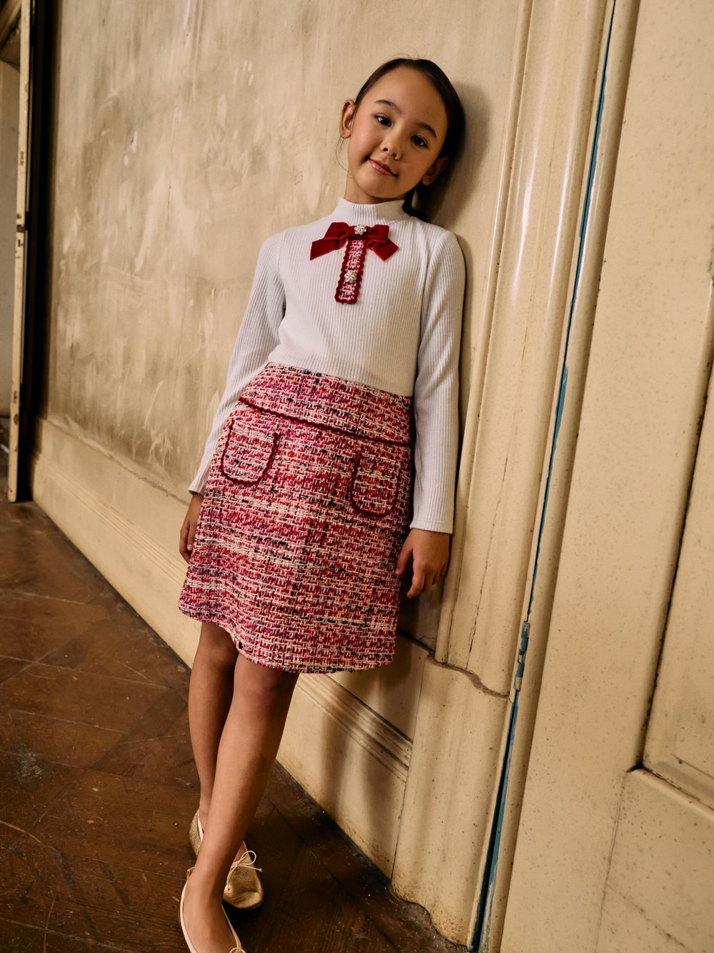 Red tweed and knit dress