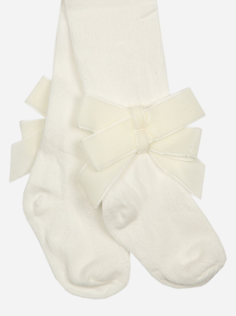 Ecru knitted tights with velvet bow