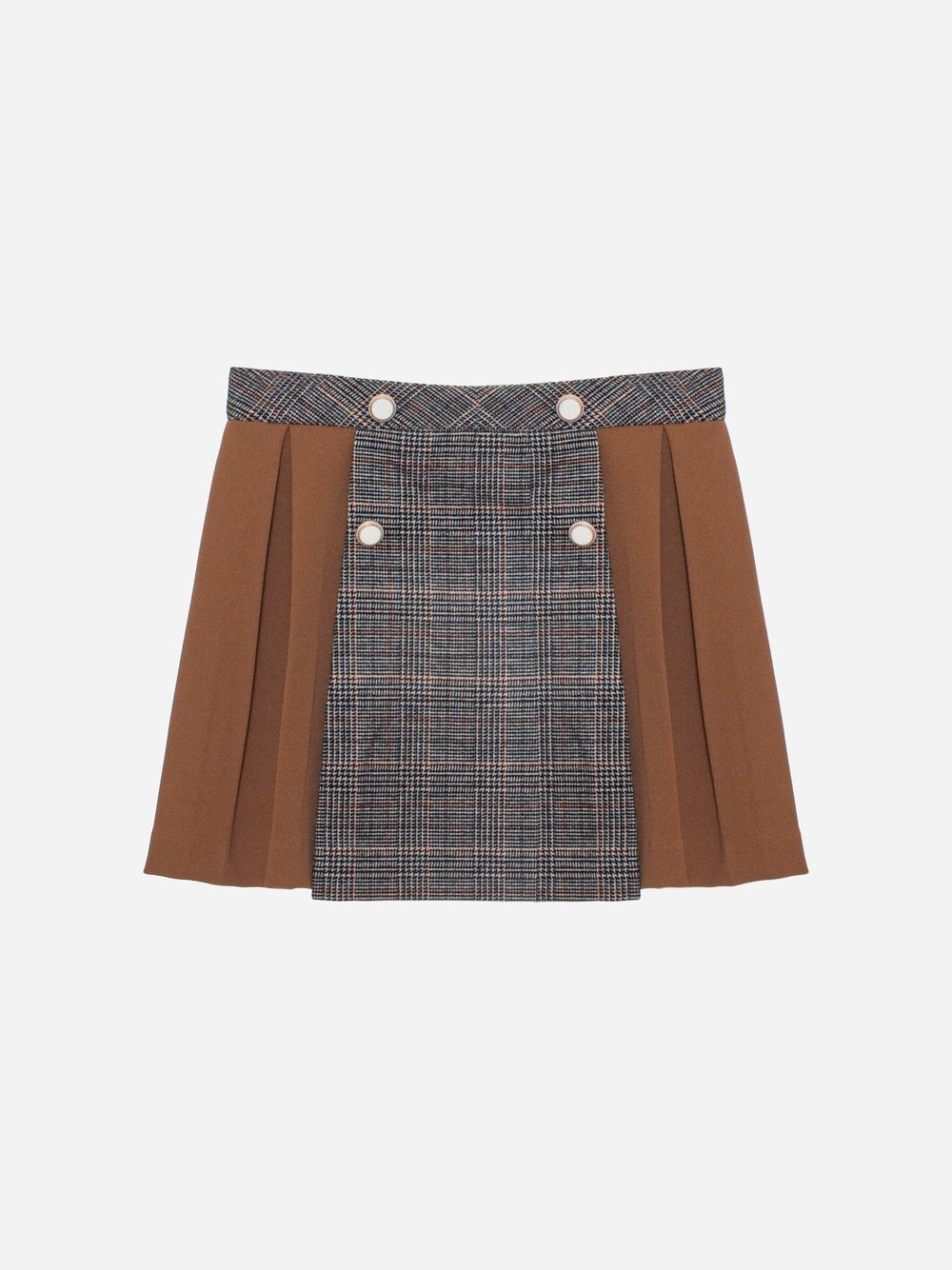Pleated camel and check skirt