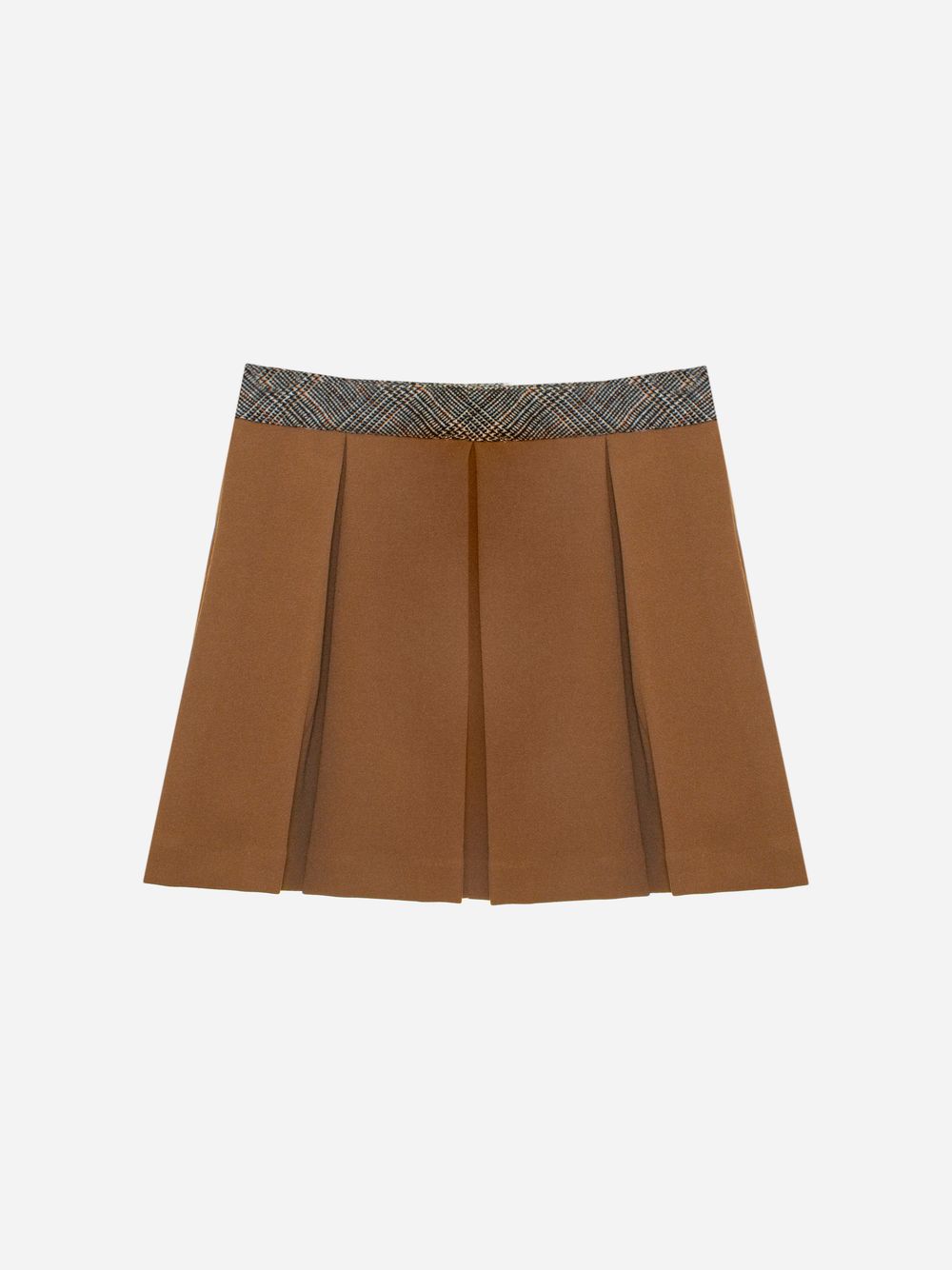 Pleated camel and check skirt