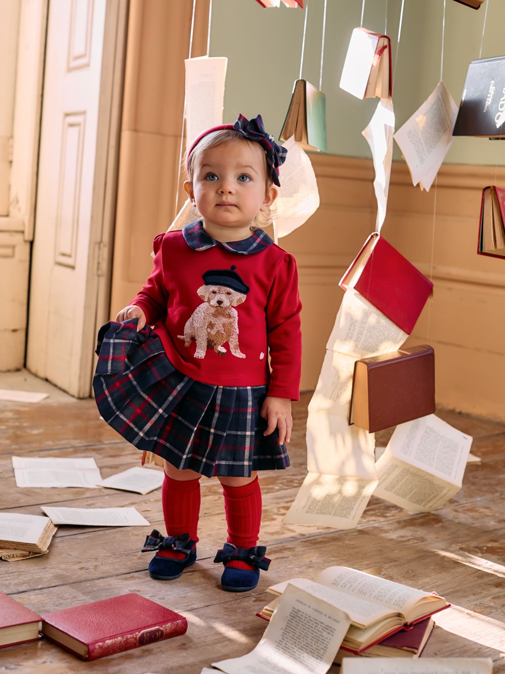 Red and tartan dress with dog