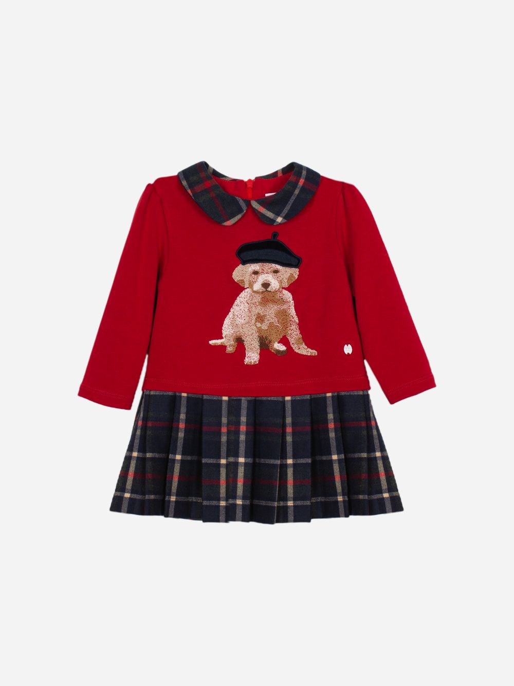 Red and tartan dress with dog