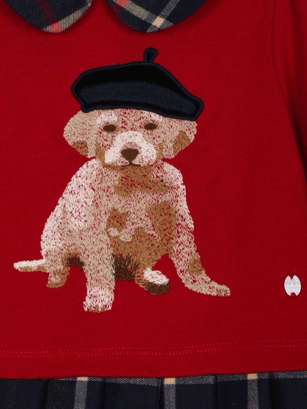 Red and tartan dress with dog