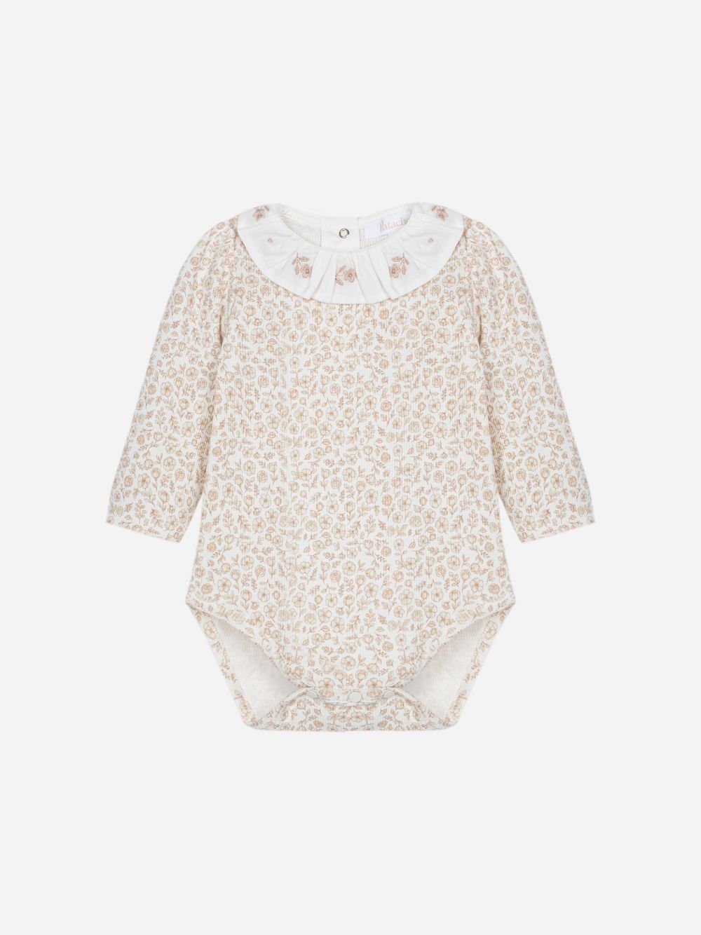 Beige printed bodysuit with a pleated collar