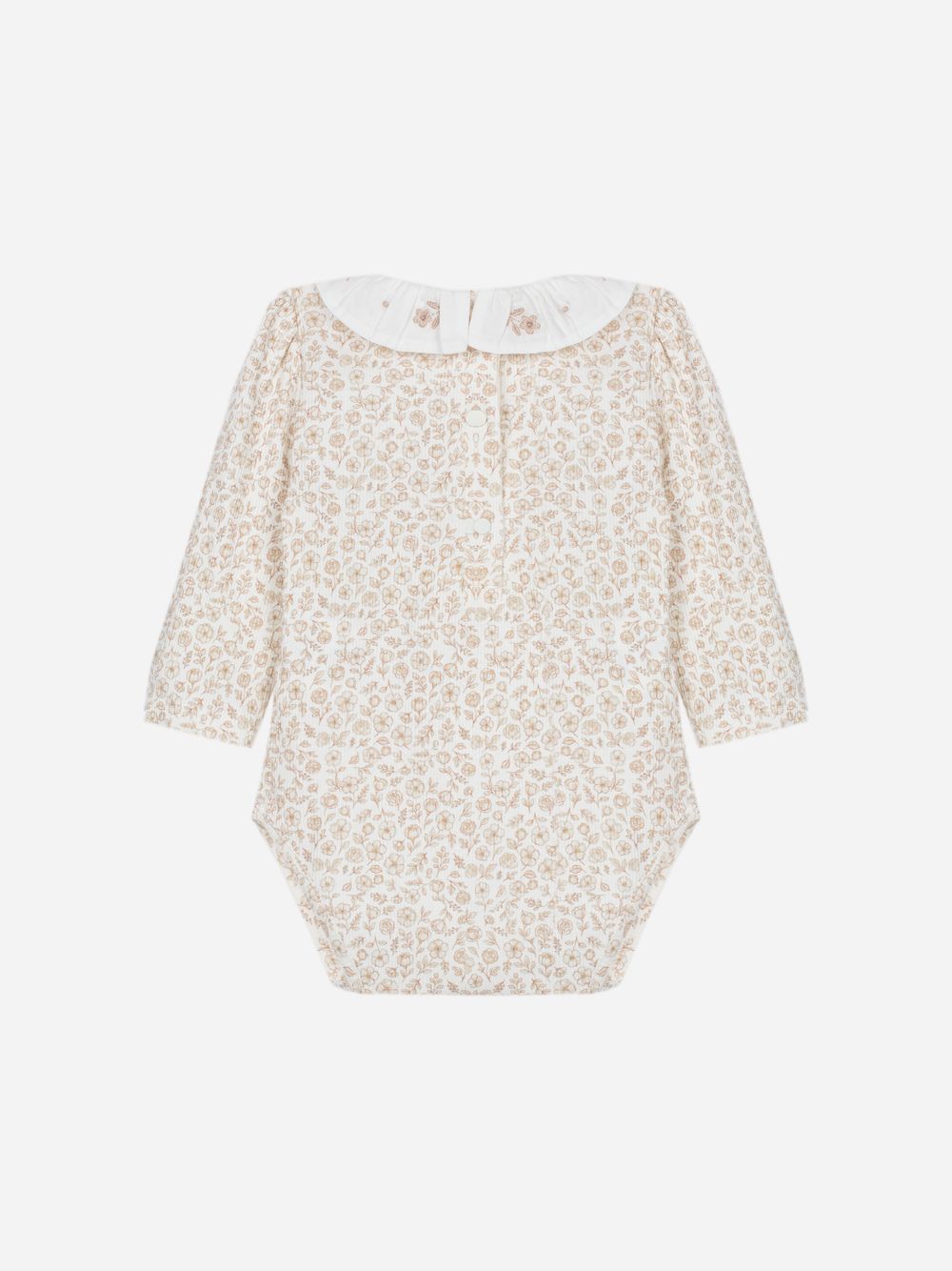 Beige printed bodysuit with a pleated collar