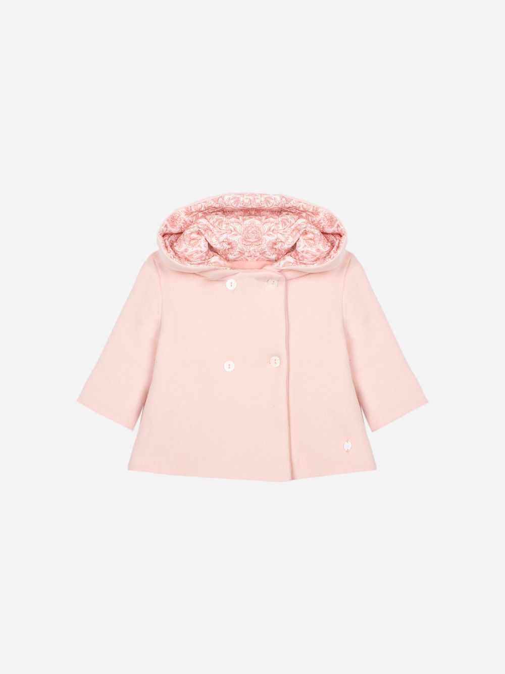 Pale pink coat with a hood lined with Liberty fabric