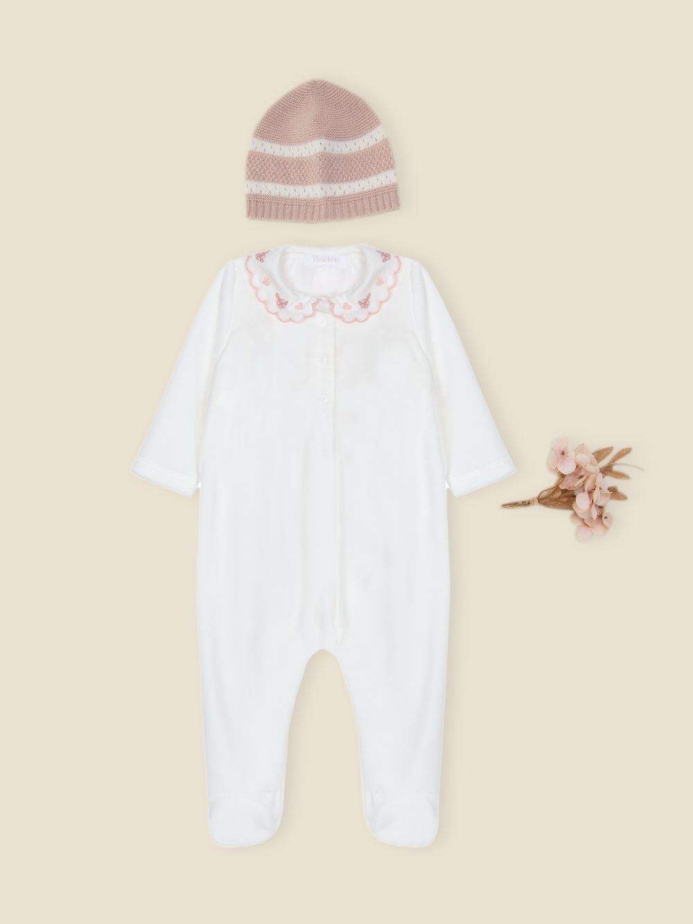 Ecru babygrow with elegant embroidered collar