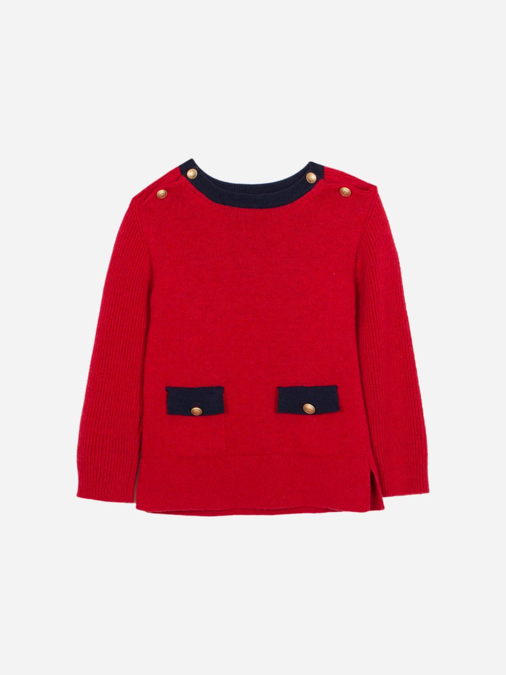 Red sweater with marine blue details