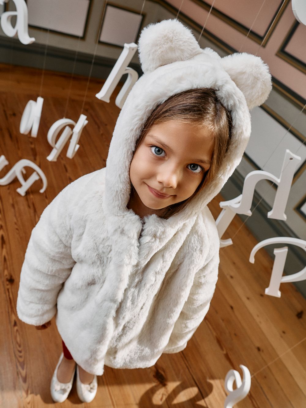 Ecru fur coat for girls