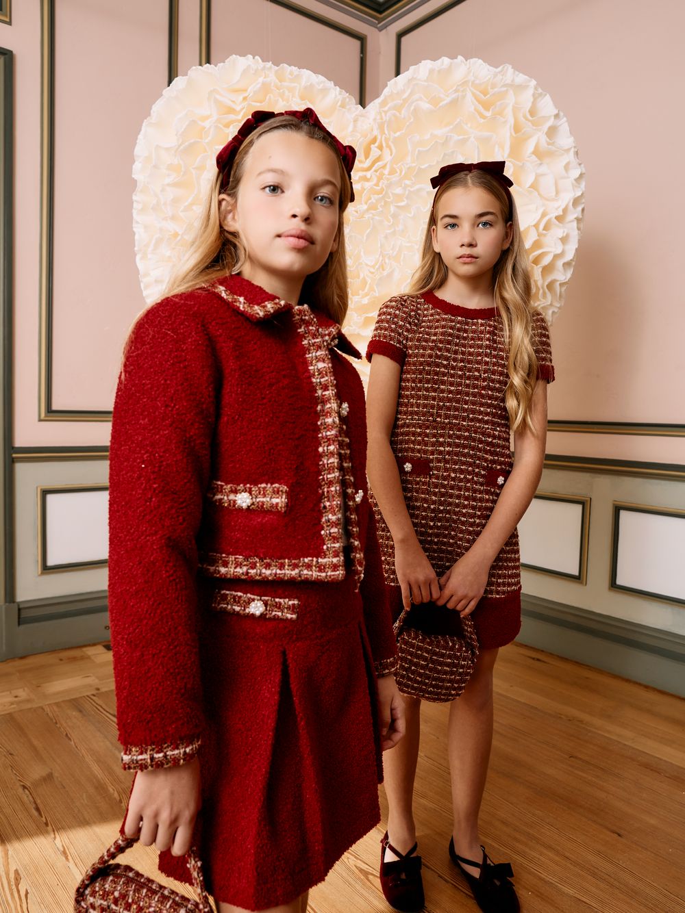 Burgundy bouclé skirt with tweed accents