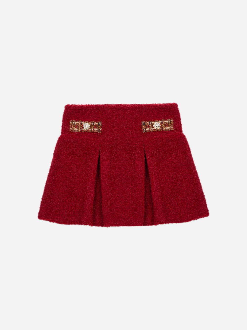 Burgundy bouclé skirt with tweed accents